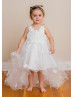 Beaded White Floral Tulle High Low Flower Girl Dress